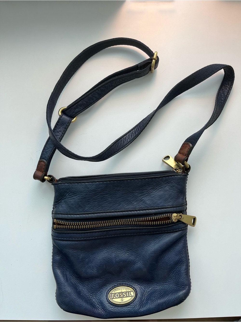 Fossil Navy Leather Crossbody Bag with Gold Hardware
